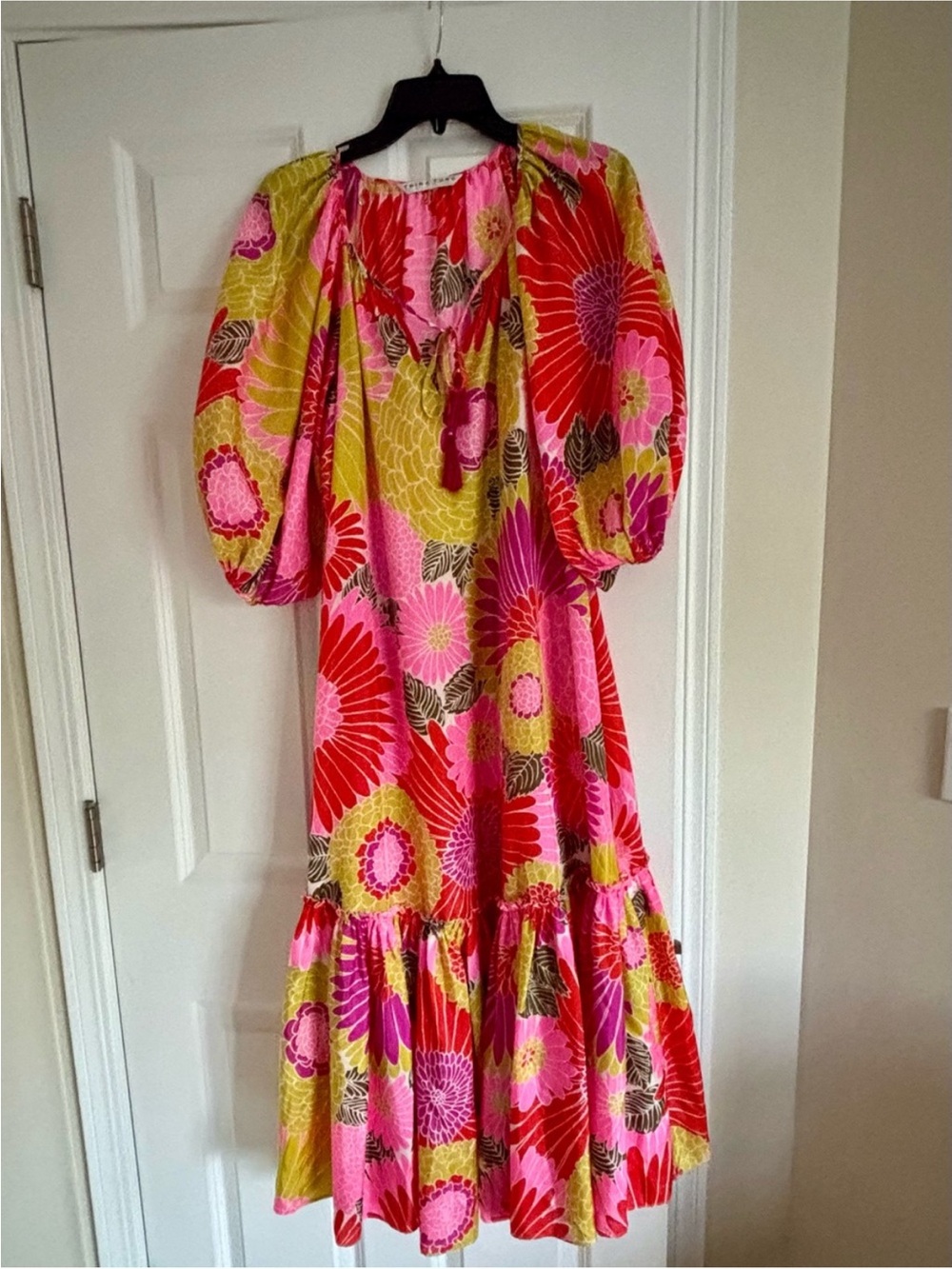 Trina Turk silk women Pink, Red & Yellow Floral Puff-Sleeve Maxi Dress